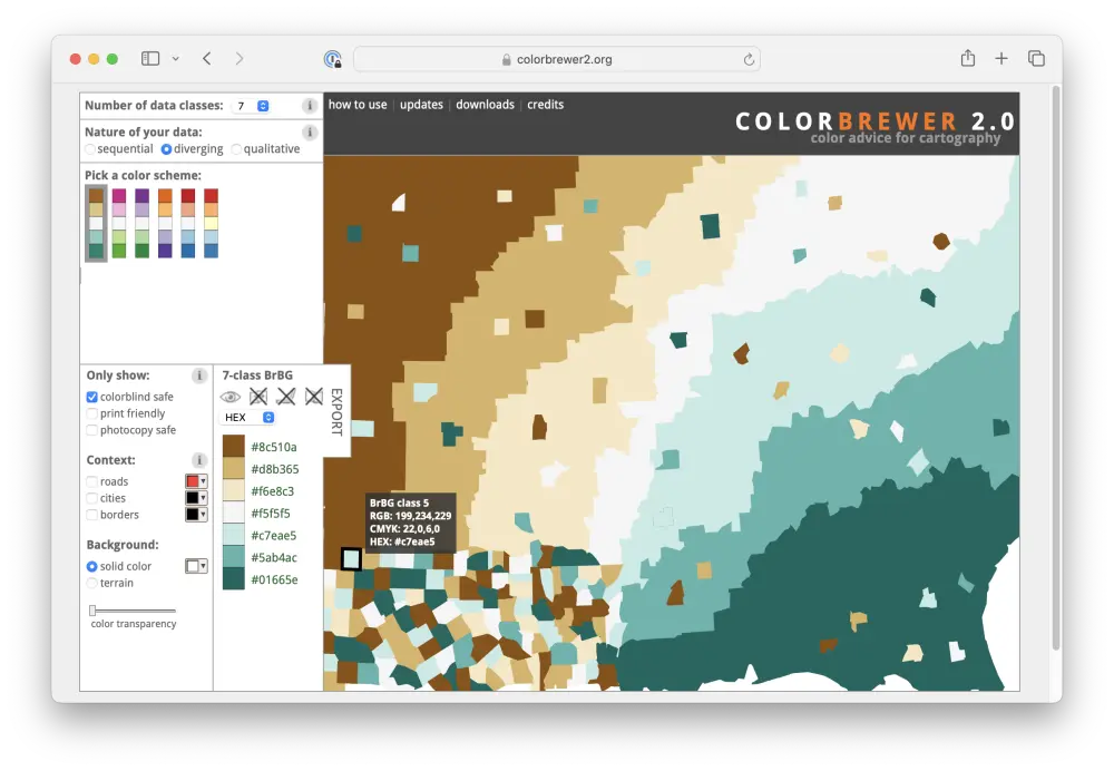 Skjermbilde fra Colorbrewer - et nettsted som gir deg palettforslag.