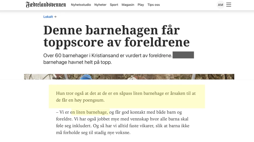 Utklipp fra Fædrelandsvennen om barnehage