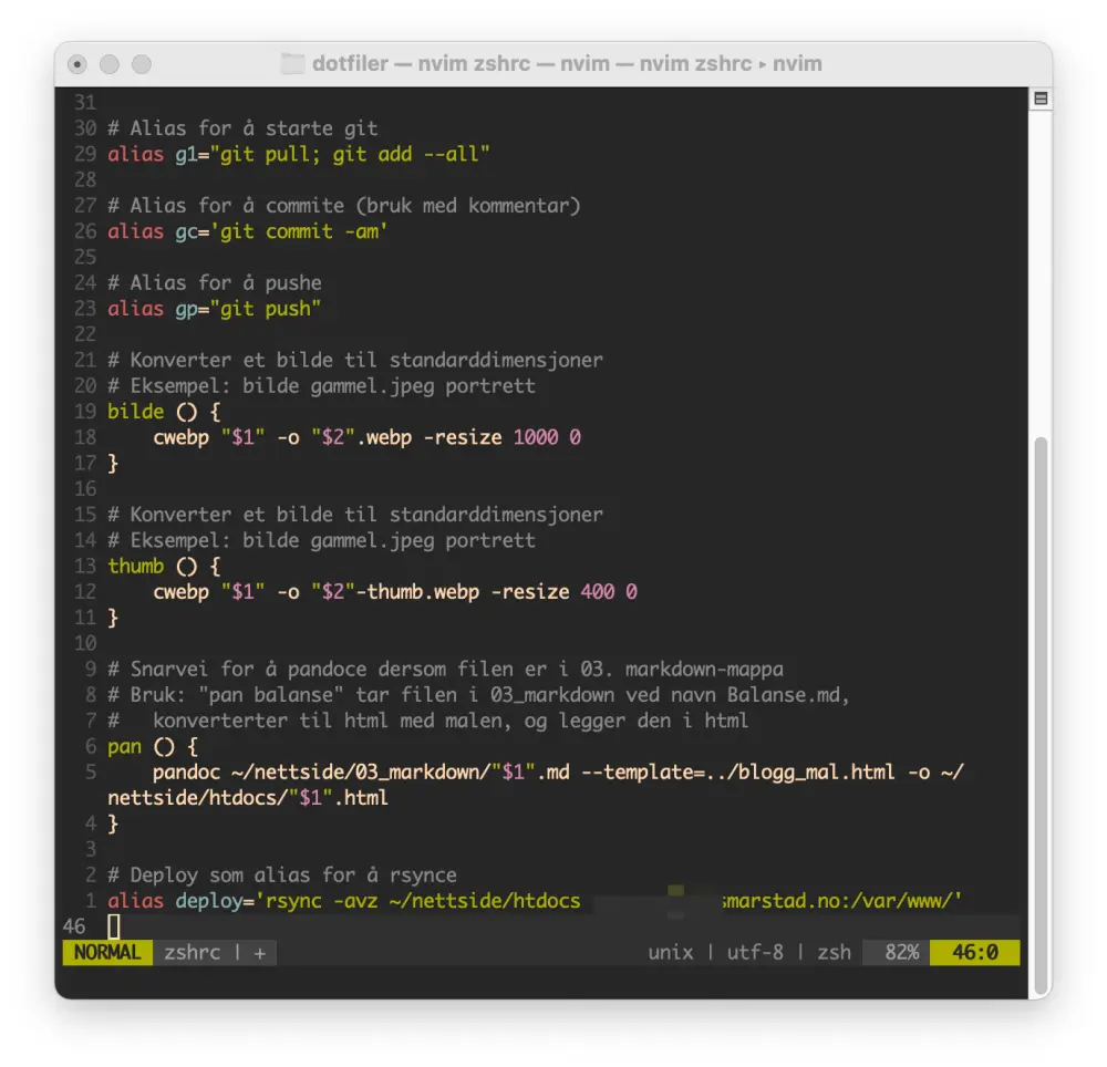 Skjermbilde fra zshrc der jeg har laget alias for å forenkle egen hverdag