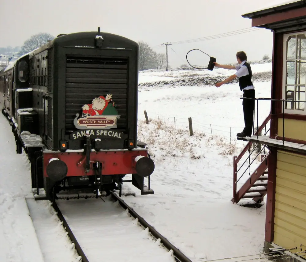 Token ring being presented from signal box on the Keighley and Worth Valley Railway