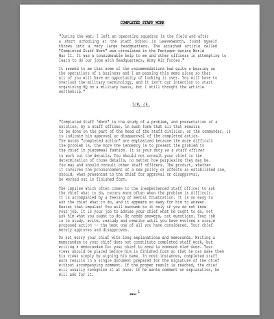 skjermbilde fra dokumentet Completed Staff Work, delt av Thomas Watson ved IBM