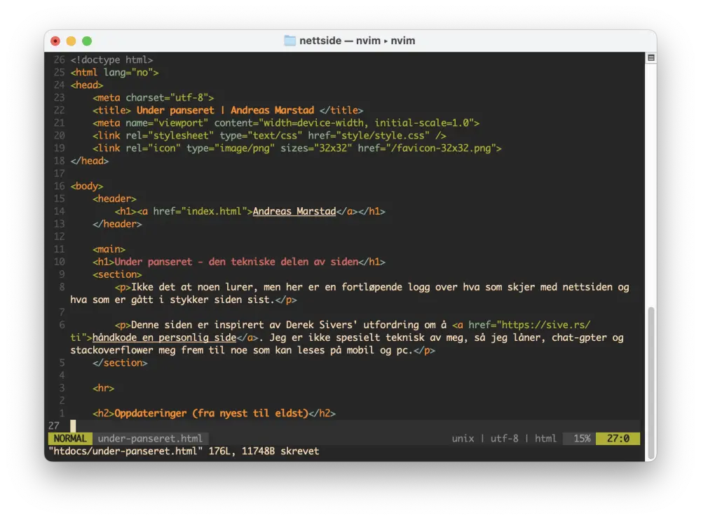 Skjermbilde fra vim der jeg skriver denne siden i HTML